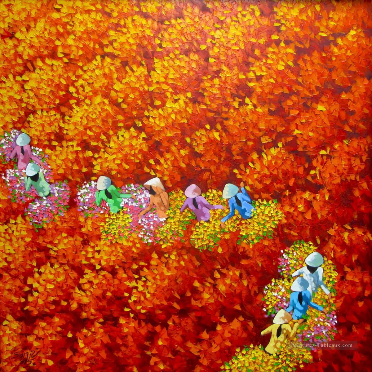 Champ de fleurs rouges Vietnamien Asiatique Peintures à l'huile